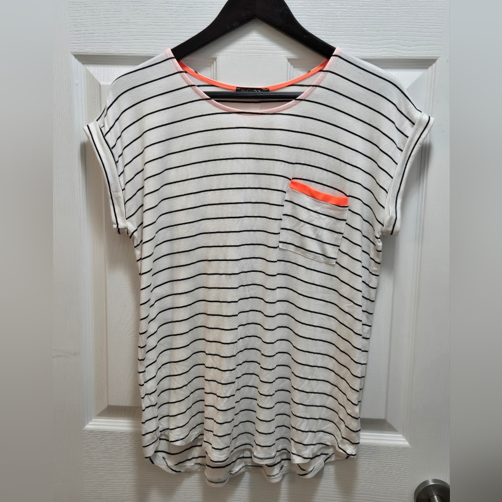 Striped White and Black Top with Neon Orange Accents Size L Papermoon - Picture 2 of 13